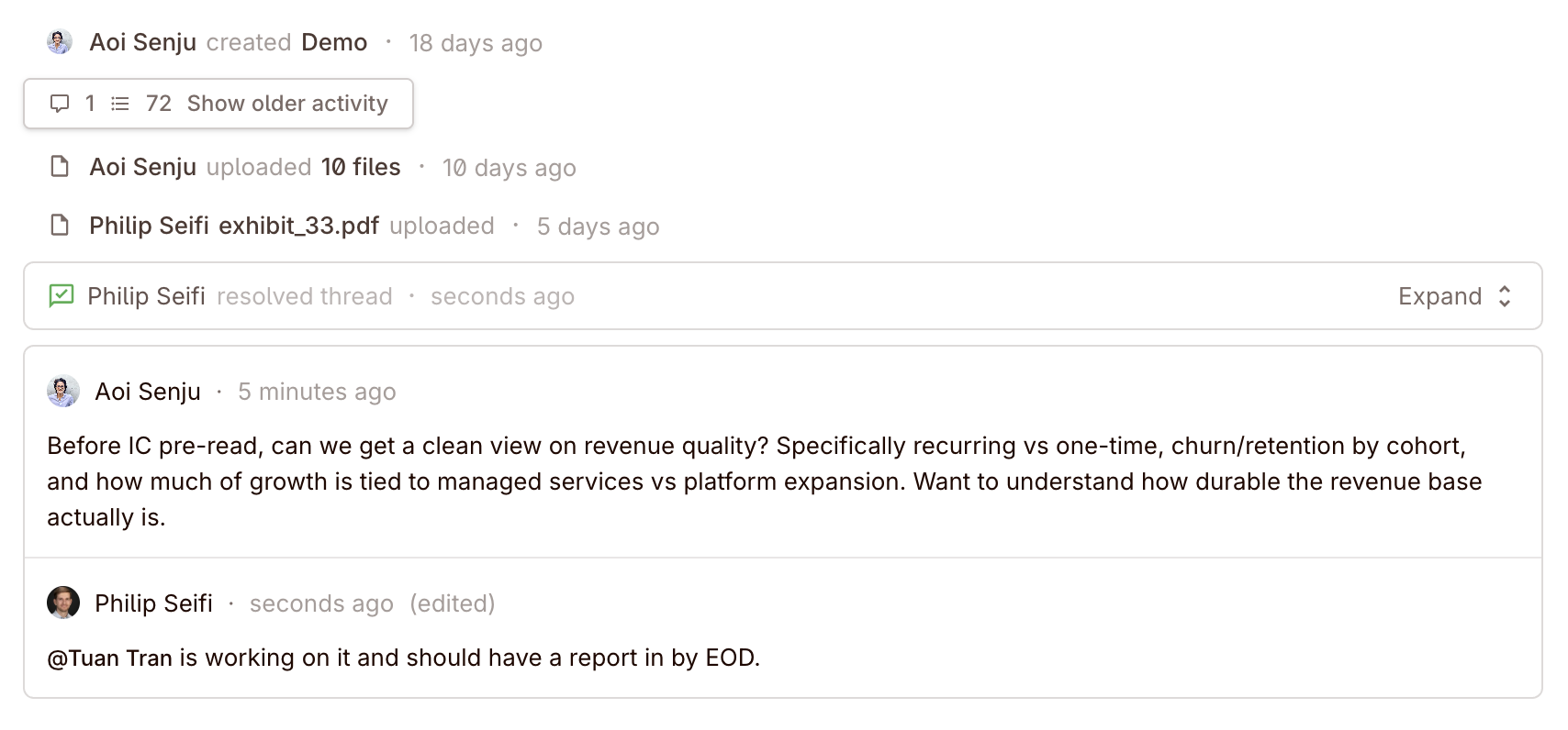 Activity log and comment threads