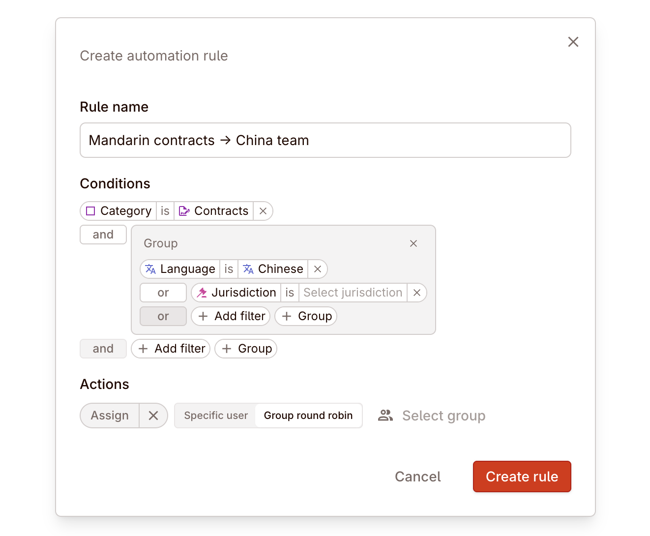 Language & jurisdiction automation rule