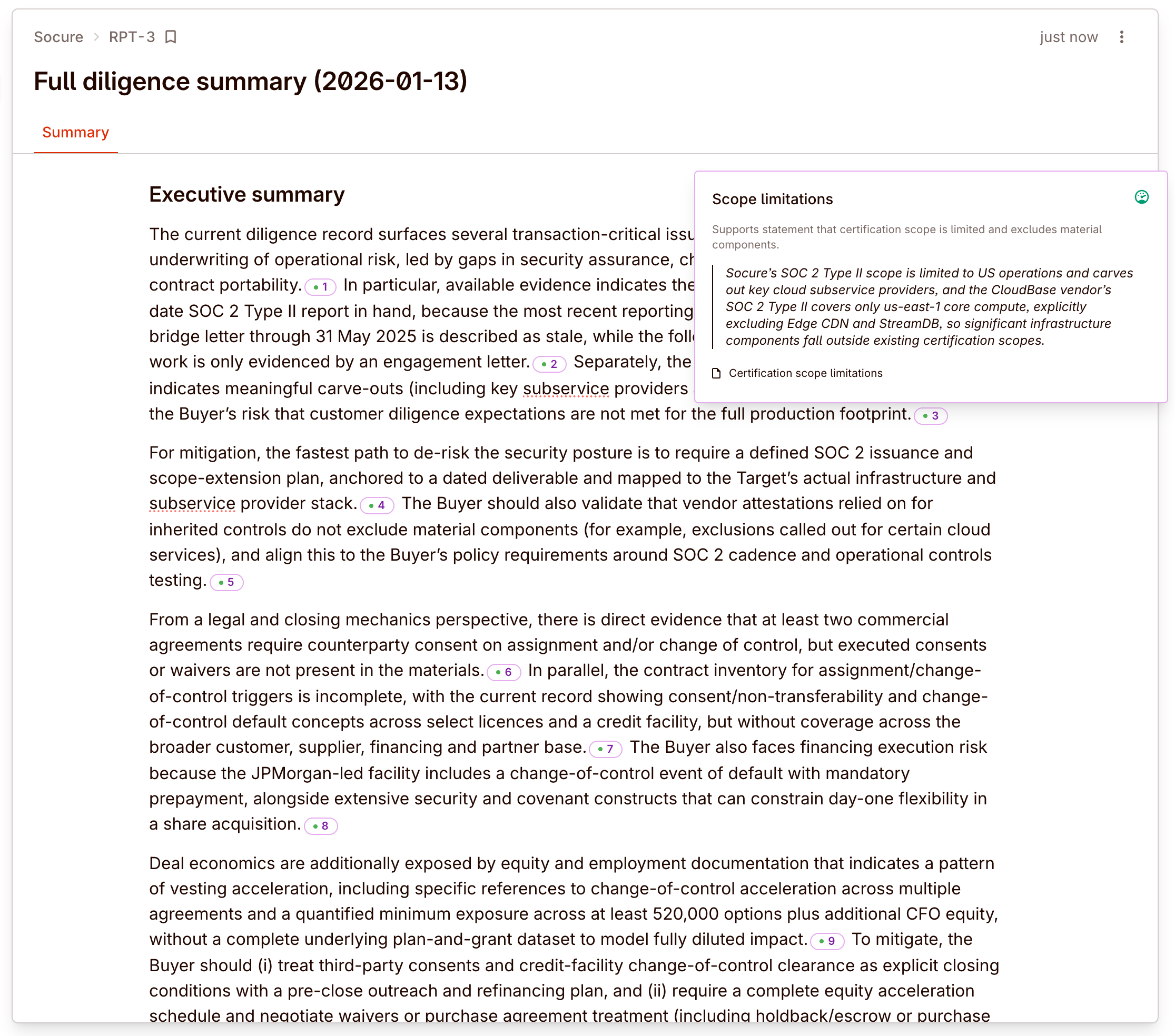 M&A diligence report